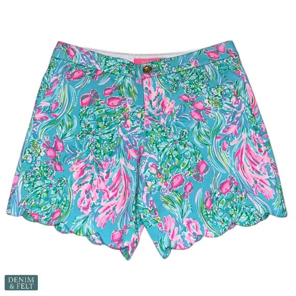 Lilly Pulitzer Darci Knit Shorts Amalfi Blue Pink Floral Scalloped Hem Resort 6 - Picture 1 of 7